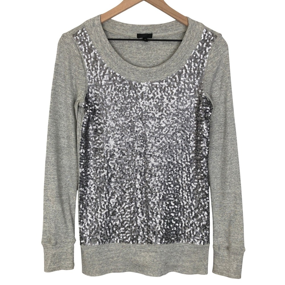 J CREW Sequin Sweater‎ Women's Sx XS Gray 100% Cotton L/S Sparkle Festive Party
